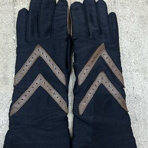 Vintage Isotoner Woolite Lined Black Nylon and Brown Leather Chevron Gloves